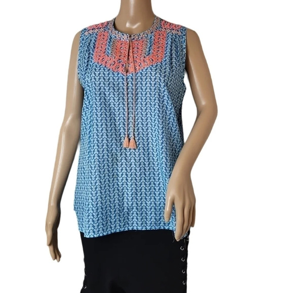 J.Crew Blue Orange Tassel Aztec Arrow Sleeveless - Picture 1 of 5